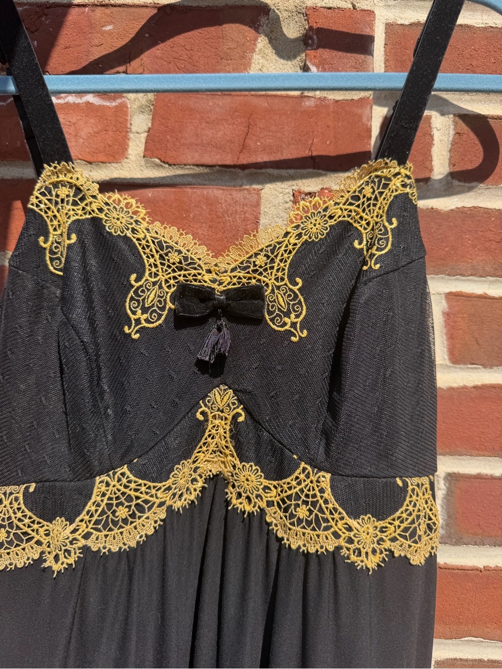 Soma Black Long Nightgown Gold Lace Trim Side Slit